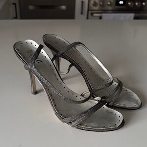 BCBG Chic Silver Strappy Heels
